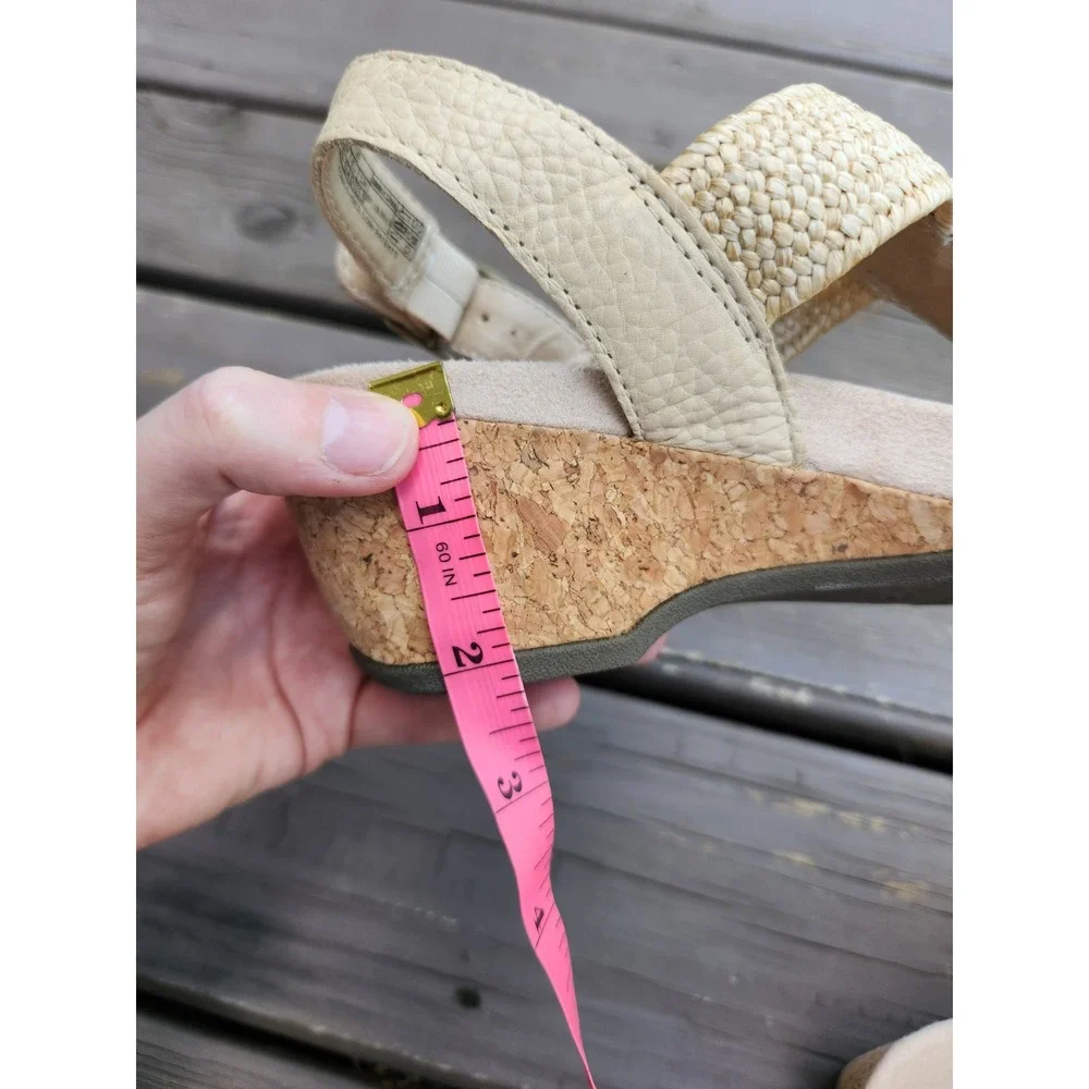 Vionic Kaytie Wedge Sandals Cream Leather Raffia Cork Slingback 8.5